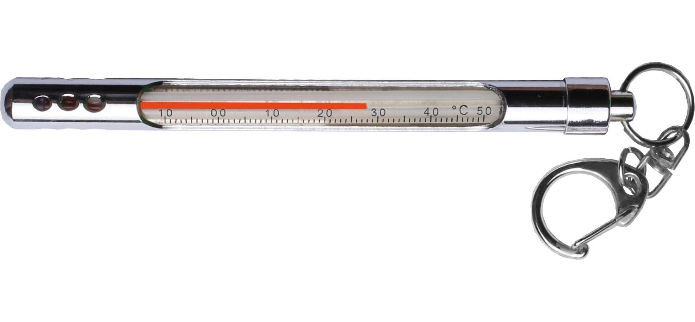 Klassisk termometer i rostfritt. Skala -10 till +50°C. Avläsning i både Celsius och Fahrenheit. Mäter temperaturen i luft eller vatten.