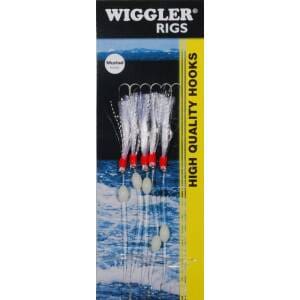 Wiggler flasher rig med krokar i storlek 3/0 och även självlysande kulor.